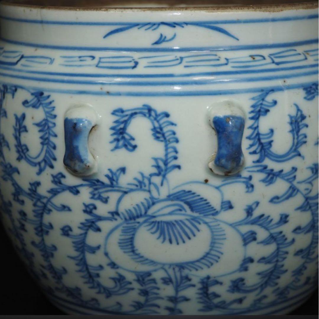 送料無料　清時代嘉慶道光青花罐/水指　本物保証　『喜』無し　耳あり　希少造形