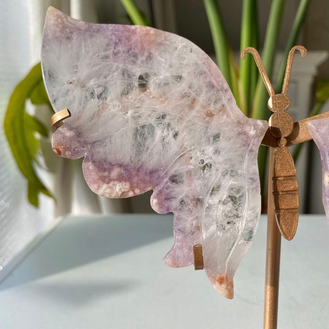 【 天然石 ピンクアメジスト クォーツ バタフライ 蝶々 スタンド付き 】