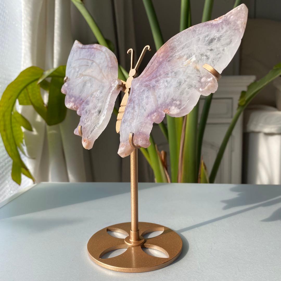 【 天然石 ピンクアメジスト クォーツ バタフライ 蝶々 スタンド付き 】