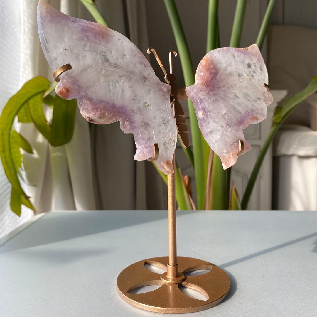 【 天然石 ピンクアメジスト クォーツ バタフライ 蝶々 スタンド付き 】