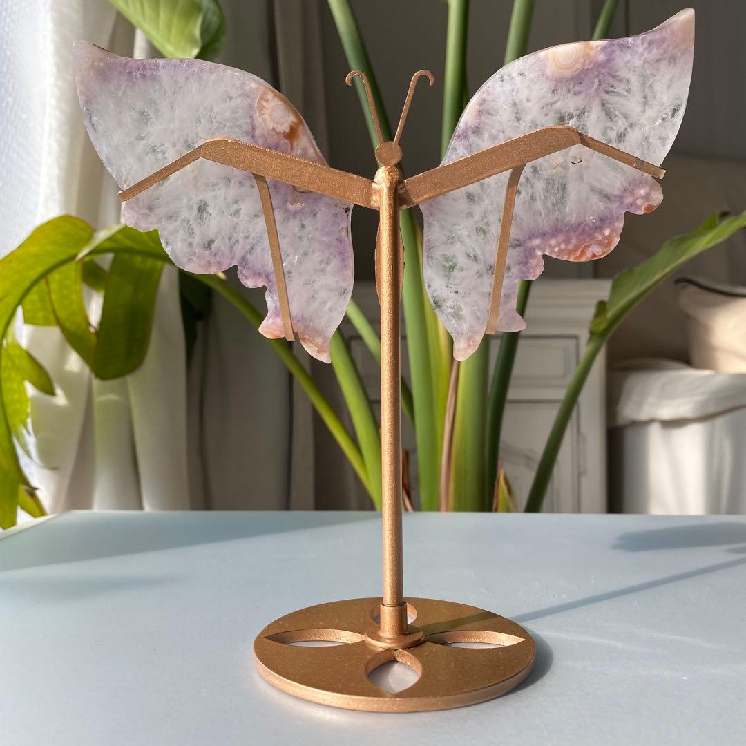 【 天然石 ピンクアメジスト クォーツ バタフライ 蝶々 スタンド付き 】